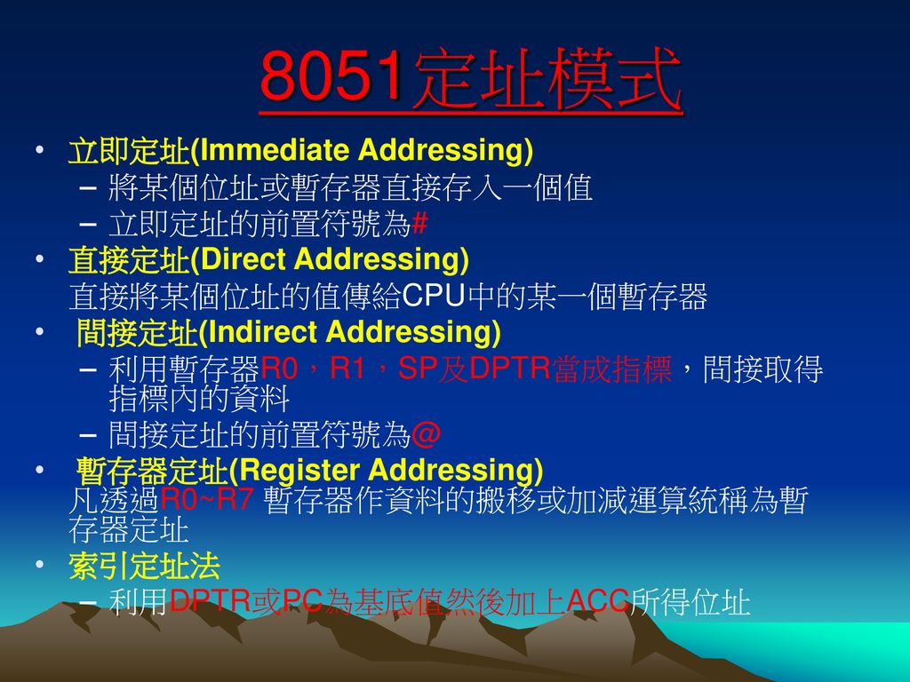 8051定址模式 立即定址(Immediate Addressing) 將某個位址或暫存器直接存入一個值 立即定址的前置符號為#