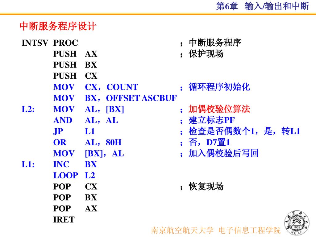 南京航空航天大学 电子信息工程学院 中断服务程序设计 第6章 输入/输出和中断 INTSV PROC ；中断服务程序