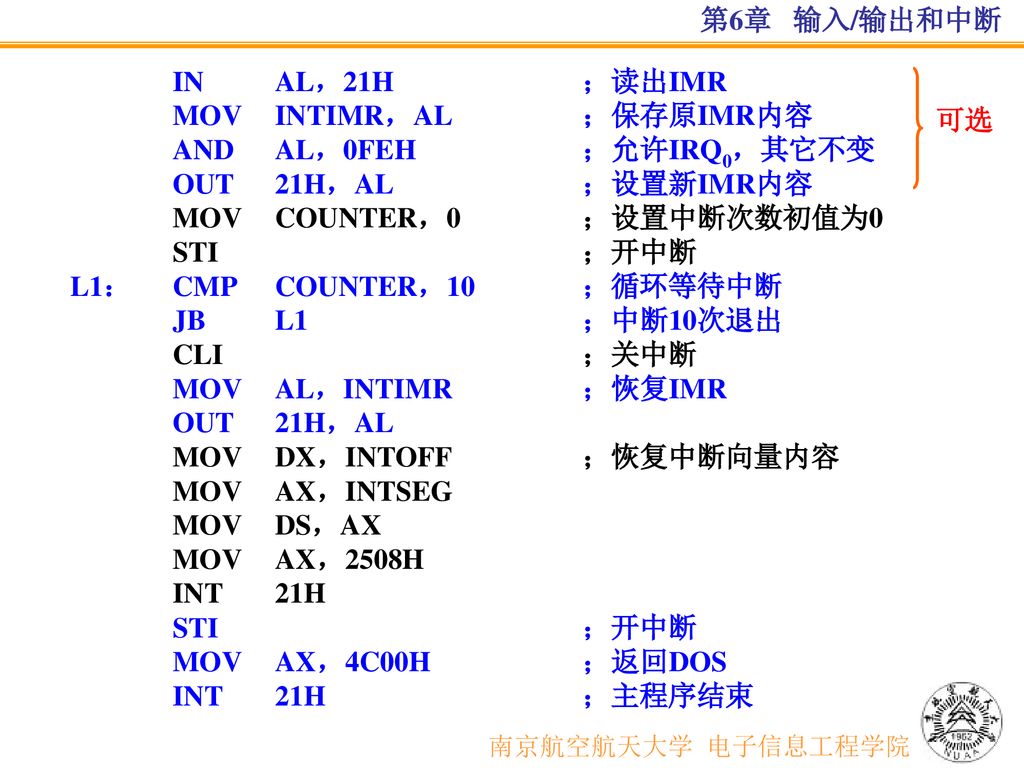 南京航空航天大学 电子信息工程学院 第6章 输入/输出和中断 IN AL，21H ；读出IMR