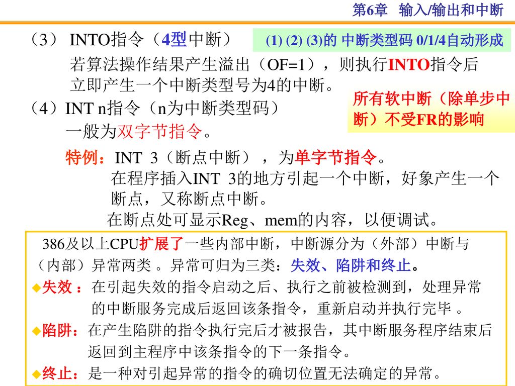 （3） INTO指令（4型中断） （4）INT n指令（n为中断类型码） 一般为双字节指令。