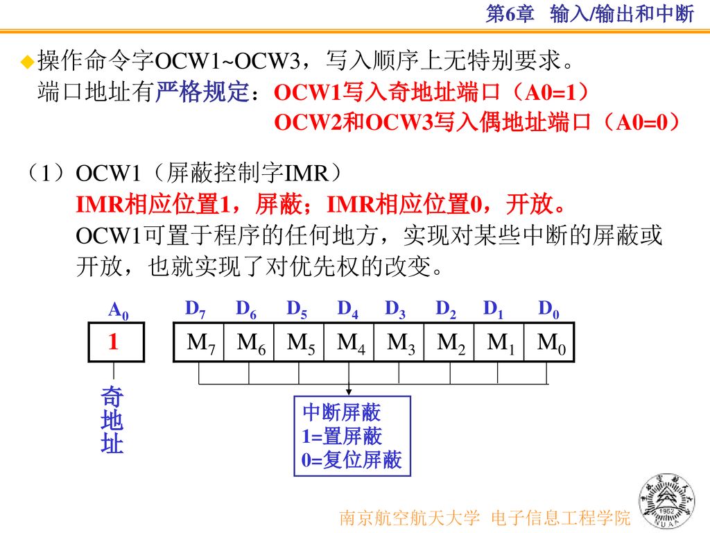 操作命令字OCW1~OCW3，写入顺序上无特别要求。 端口地址有严格规定：OCW1写入奇地址端口（A0=1）