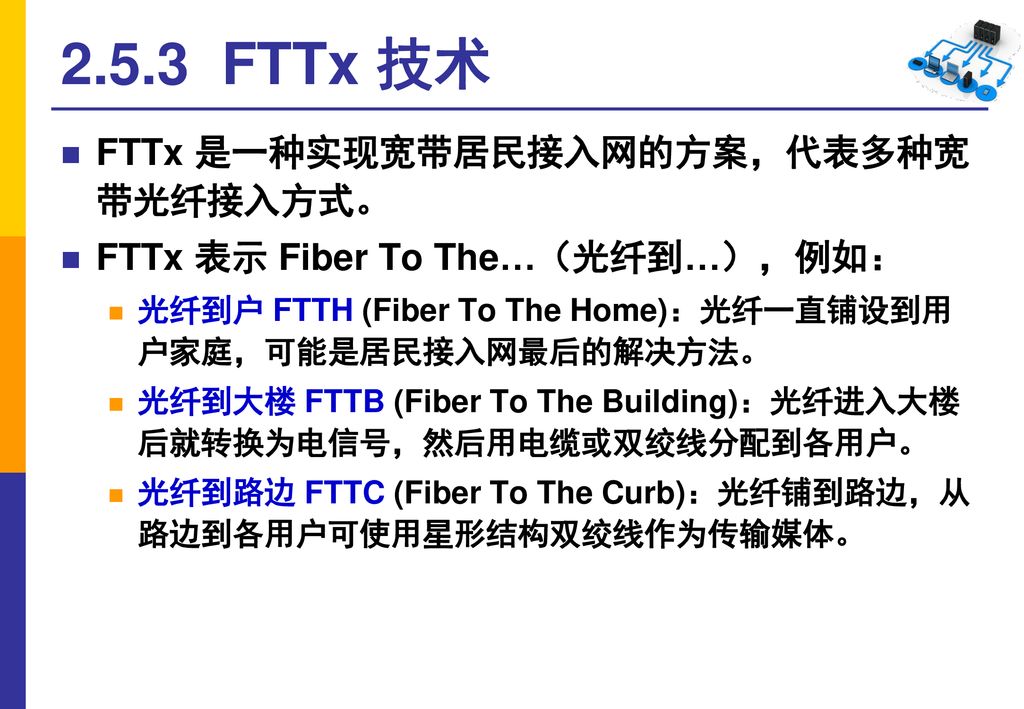 2.5.3 FTTx 技术 FTTx 是一种实现宽带居民接入网的方案，代表多种宽 带光纤接入方式。