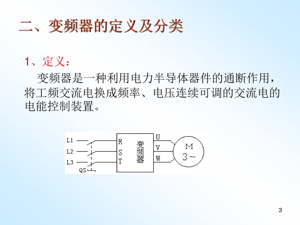 二、变频器的定义及分类 1、定义： 变频器是一种利用电力半导体器件的通断作用，将工频交流电换成频率、电压连续可调的交流电的电能控制装置。