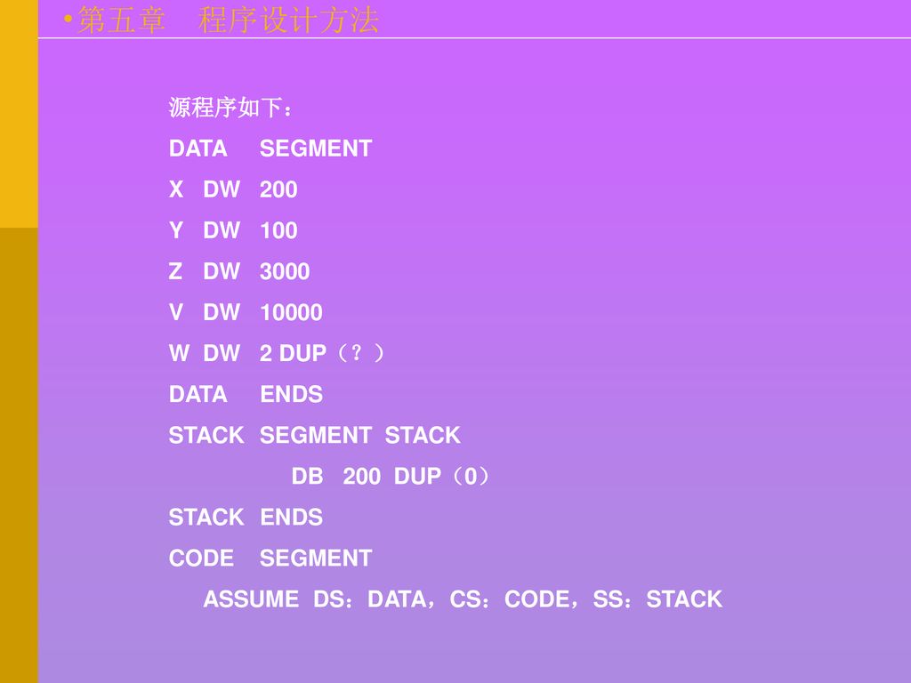 源程序如下： DATA SEGMENT. X DW 200. Y DW 100. Z DW V DW W DW 2 DUP（？） DATA ENDS. STACK SEGMENT STACK.