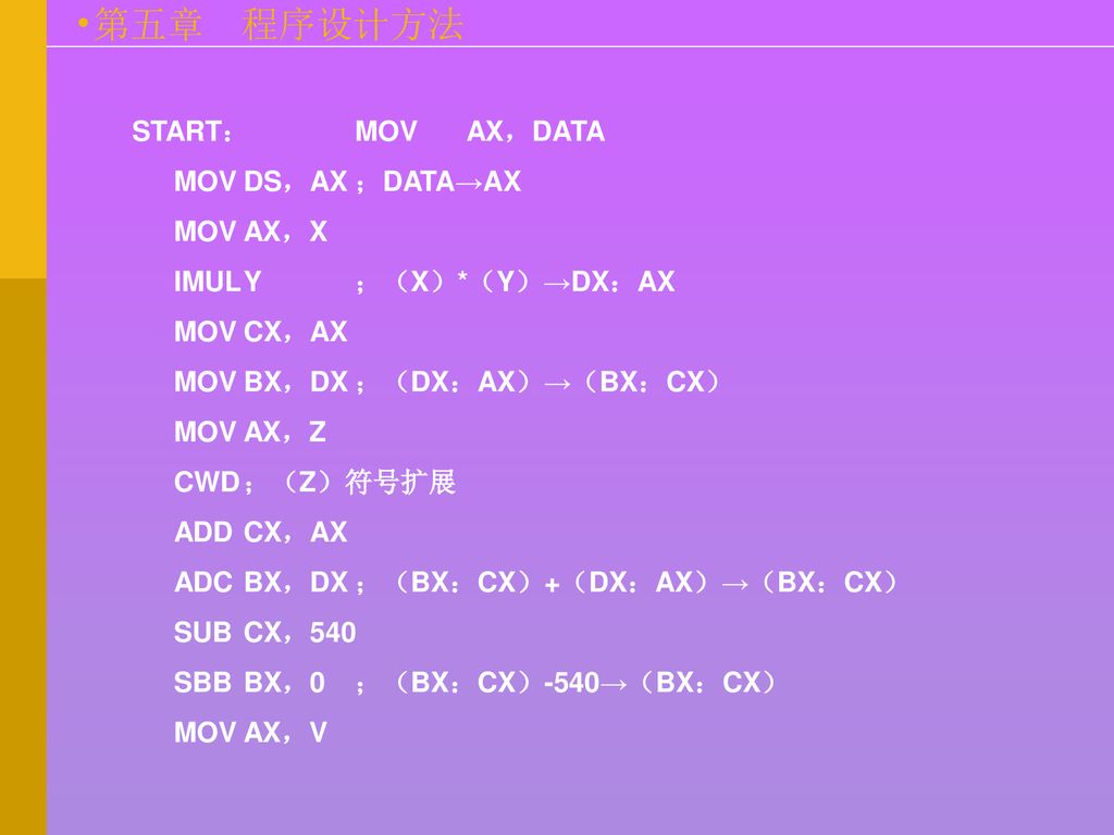 START： MOV AX，DATA MOV DS，AX ；DATA→AX. MOV AX，X. IMUL Y ；（X）*（Y）→DX：AX. MOV CX，AX. MOV BX，DX ；（DX：AX）→（BX：CX）