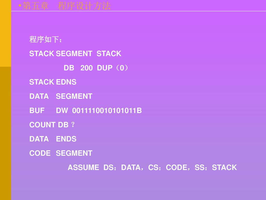 程序如下： STACK SEGMENT STACK. DB 200 DUP（0） STACK EDNS. DATA SEGMENT. BUF DW B.