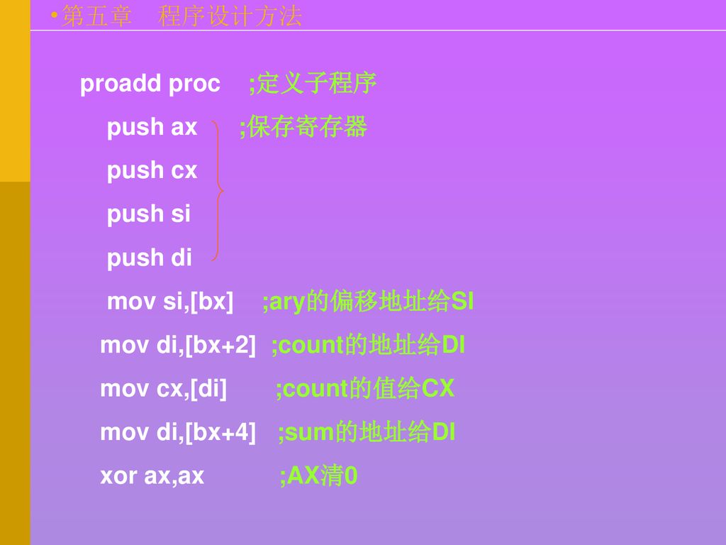 proadd proc ;定义子程序 push ax ;保存寄存器. push cx. push si. push di. mov si,[bx] ;ary的偏移地址给SI.