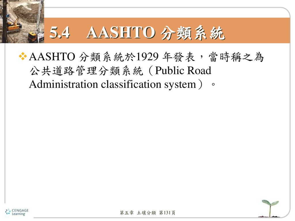 5.4 AASHTO 分類系統 AASHTO 分類系統於1929 年發表，當時稱之為公共道路管理分類系統（Public Road Administration classification system）。