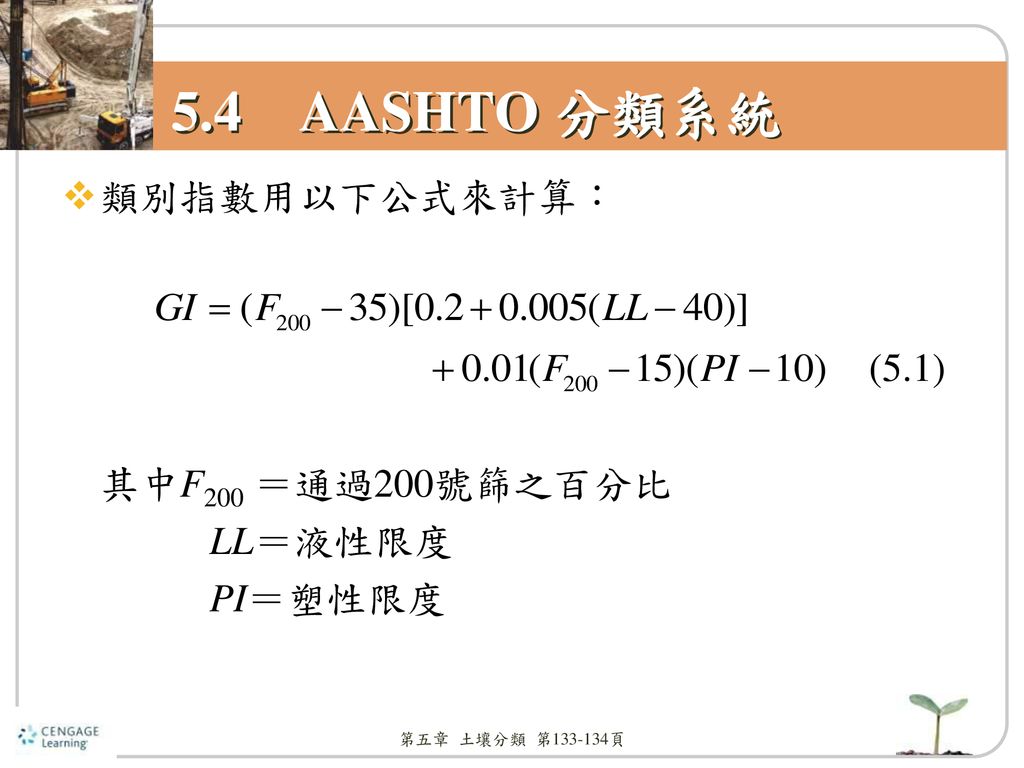 5.4 AASHTO 分類系統 類別指數用以下公式來計算： 其中F200 ＝通過200號篩之百分比 LL＝液性限度 (5.1)