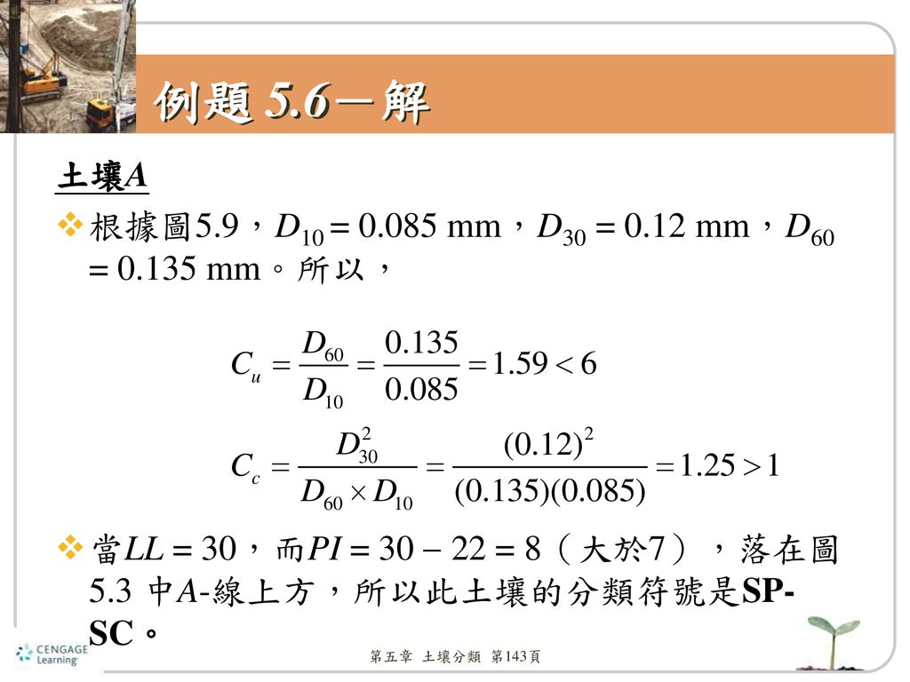 例題 5.6－解 土壤A 根據圖5.9，D10 = mm，D30 = 0.12 mm，D60 = mm。所以，