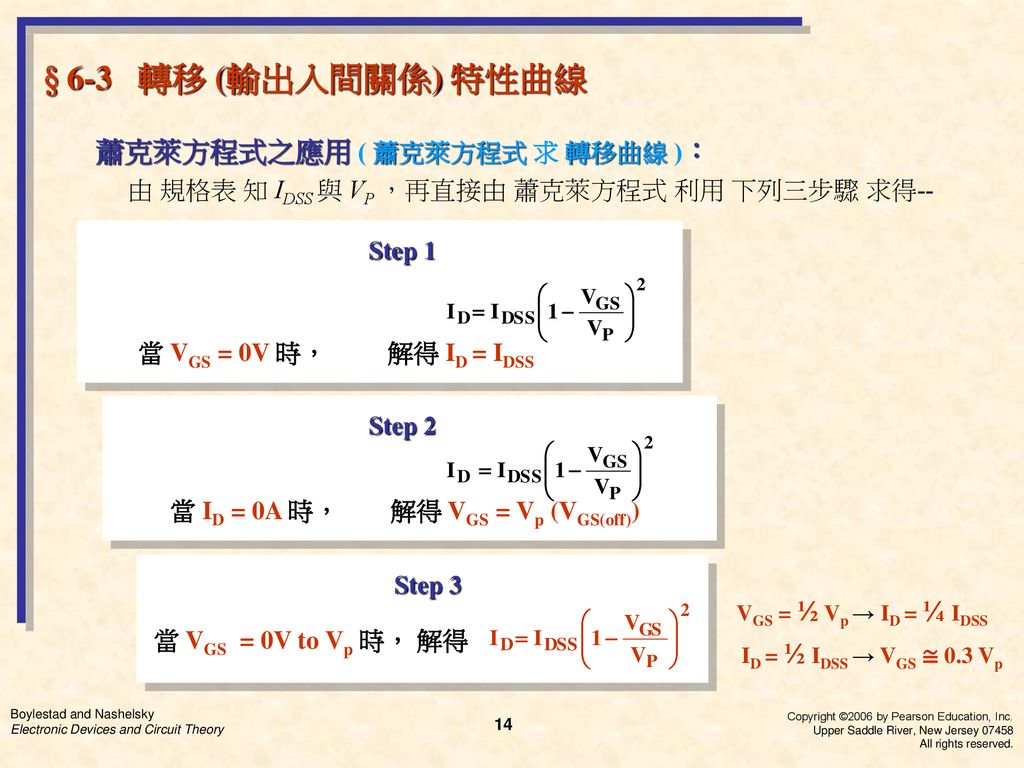 § 6-3 轉移 (輸出入間關係) 特性曲線 蕭克萊方程式之應用 ( 蕭克萊方程式 求 轉移曲線 )：