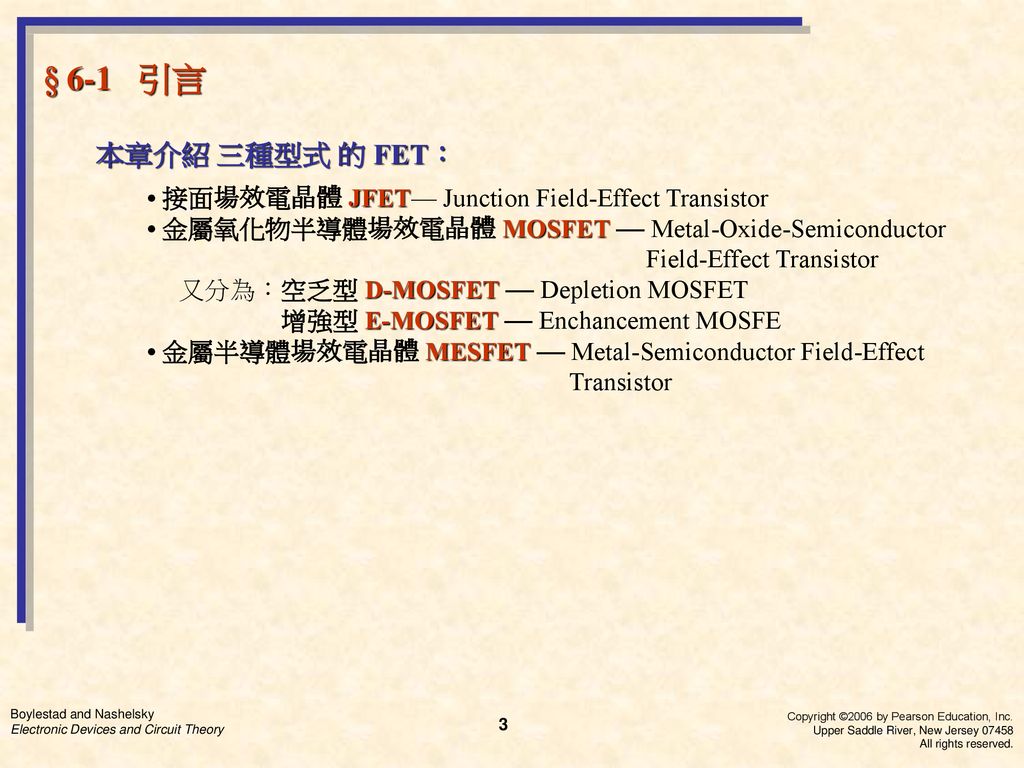 § 6-1 引言 本章介紹 三種型式 的 FET： • 接面場效電晶體 JFET–– Junction Field-Effect Transistor. • 金屬氧化物半導體場效電晶體 MOSFET –– Metal-Oxide-Semiconductor.