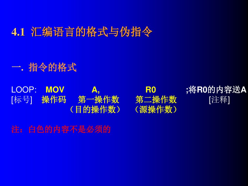 4.1 汇编语言的格式与伪指令 一. 指令的格式 LOOP: MOV A, R0 ;将R0的内容送A