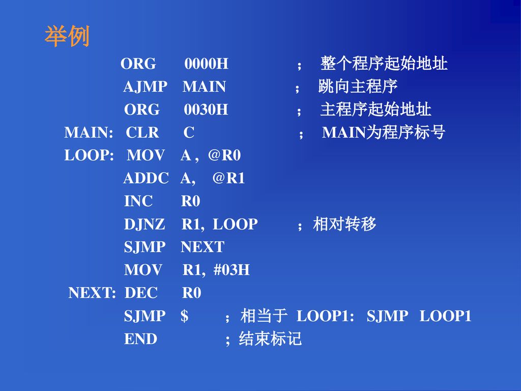 举例 AJMP MAIN ； 跳向主程序 ORG 0030H ； 主程序起始地址 MAIN: CLR C ； MAIN为程序标号