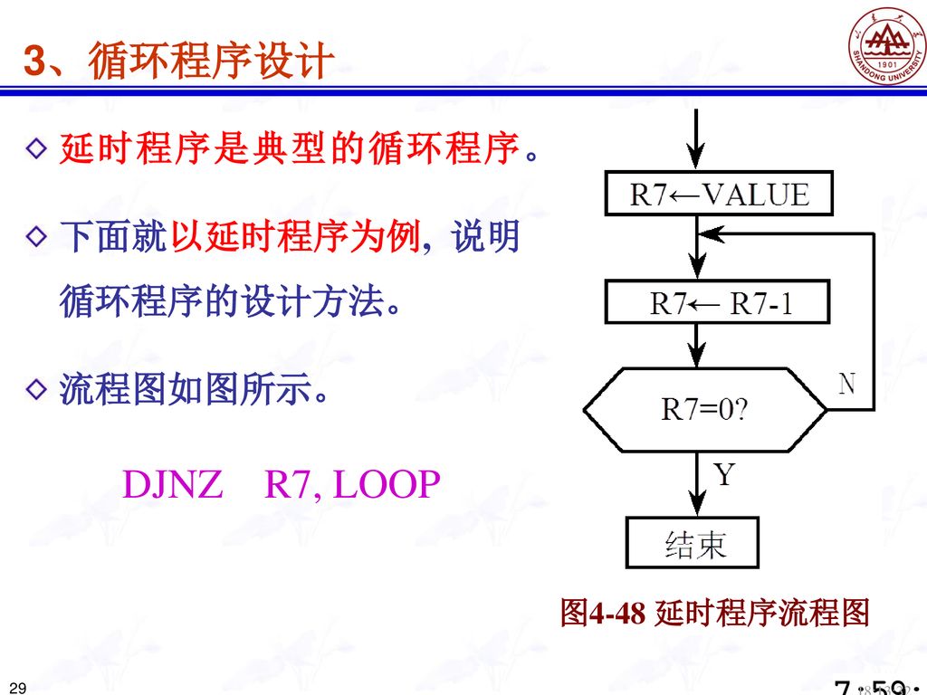 3、循环程序设计 DJNZ R7, LOOP 延时程序是典型的循环程序。 下面就以延时程序为例, 说明 循环程序的设计方法。