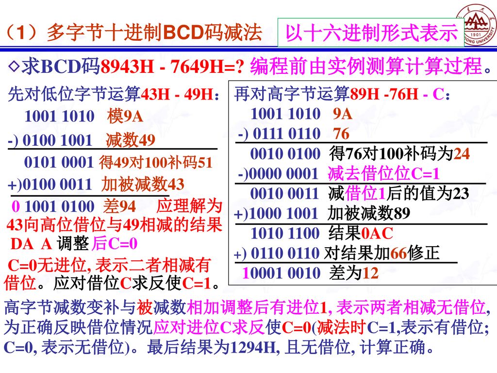 求BCD码8943H H= 编程前由实例测算计算过程。