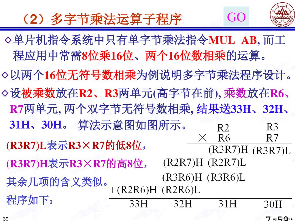 GO （2）多字节乘法运算子程序 单片机指令系统中只有单字节乘法指令MUL AB, 而工 程应用中常需8位乘16位、两个16位数相乘的运算。