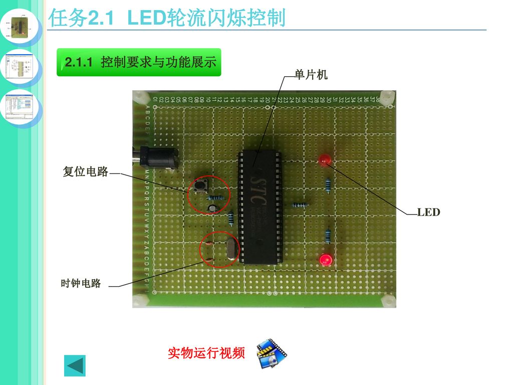 任务2.1 LED轮流闪烁控制 控制要求与功能展示 时钟电路 单片机 复位电路 LED 实物运行视频