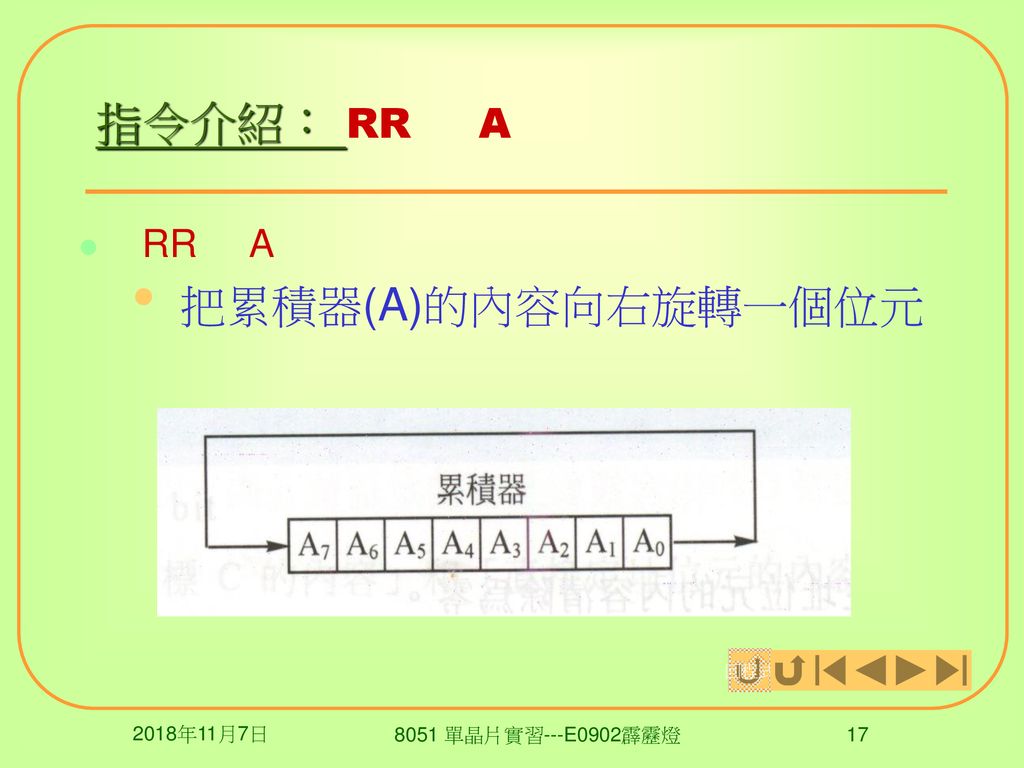 指令介紹： RR A 把累積器(A)的內容向右旋轉一個位元 RR A 2018年11月7日 8051 單晶片實習---E0902霹靂燈