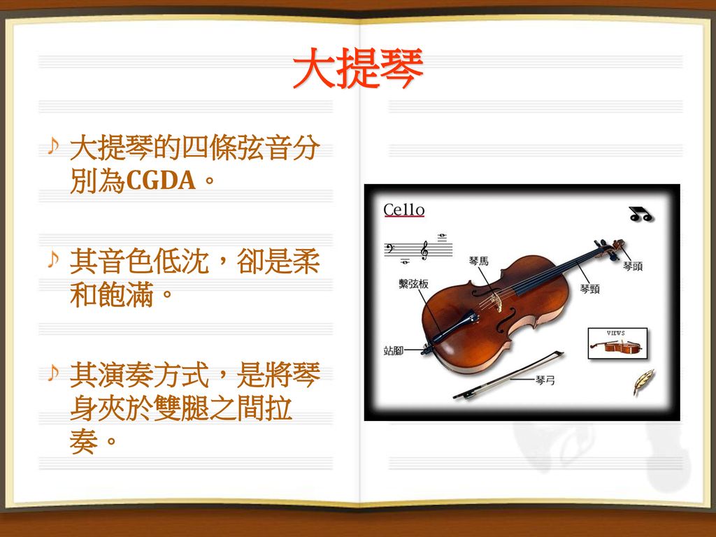 大提琴 大提琴的四條弦音分別為CGDA。 其音色低沈，卻是柔和飽滿。 其演奏方式，是將琴身夾於雙腿之間拉奏。