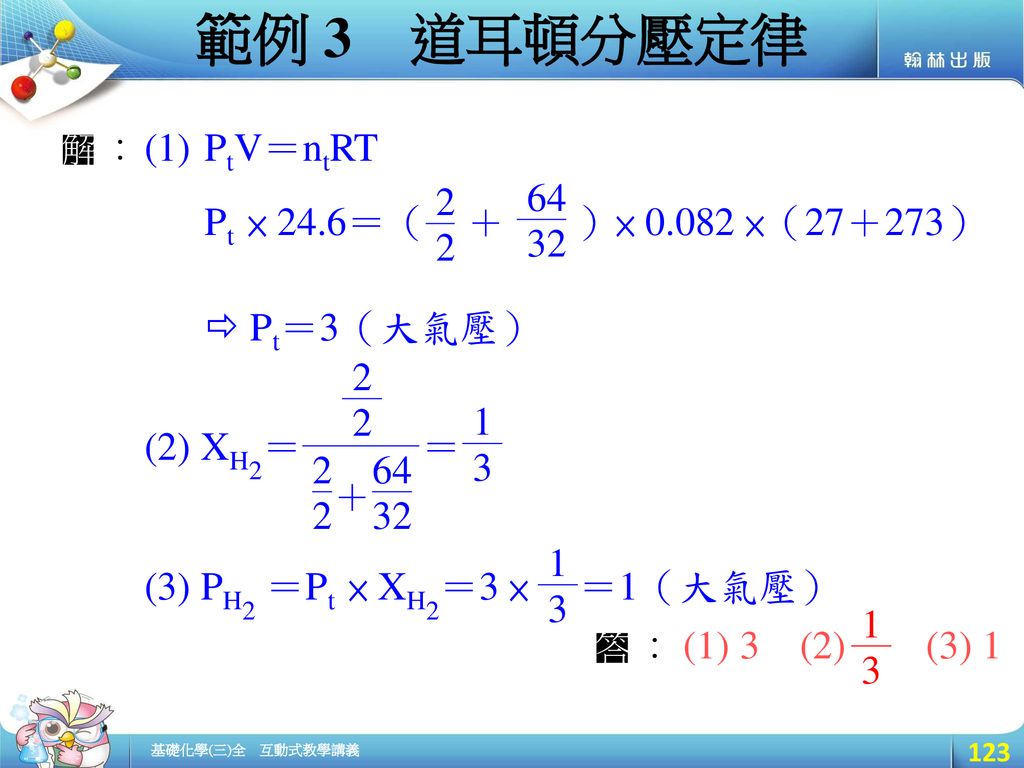 範例 3 道耳頓分壓定律 PtV＝ntRT Pt × 24.6＝（ ＋ ）× ×（27＋273）  Pt＝3（大氣壓）