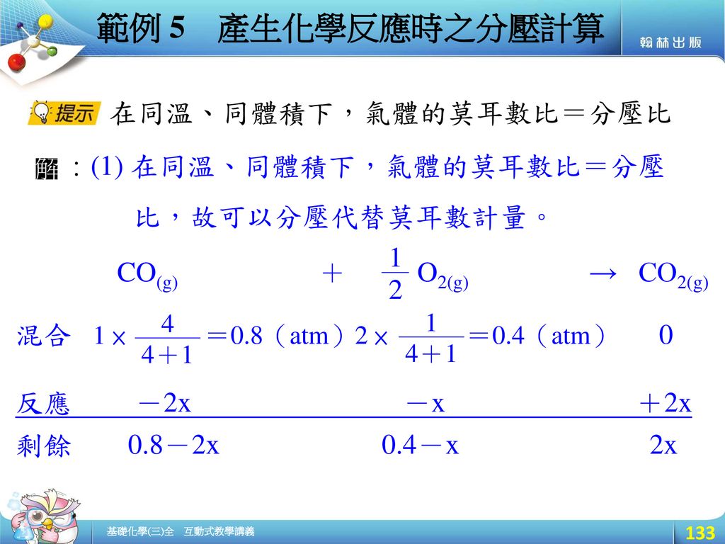 範例 5 產生化學反應時之分壓計算 在同溫、同體積下，氣體的莫耳數比＝分壓比