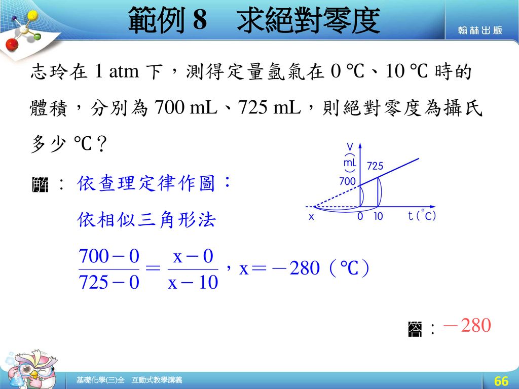 範例 8 求絕對零度 志玲在 1 atm 下，測得定量氬氣在 0 ℃、10 ℃ 時的體積，分別為 700 mL、725 mL，則絕對零度為攝氏多少 ℃？ 依查理定律作圖： 依相似三角形法. ＝ ，x＝－280（℃）
