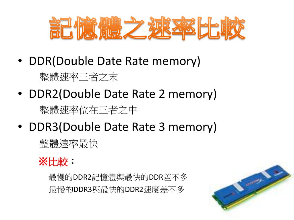 記憶體之速率比較 DDR(Double Date Rate memory) DDR2(Double Date Rate 2 memory)