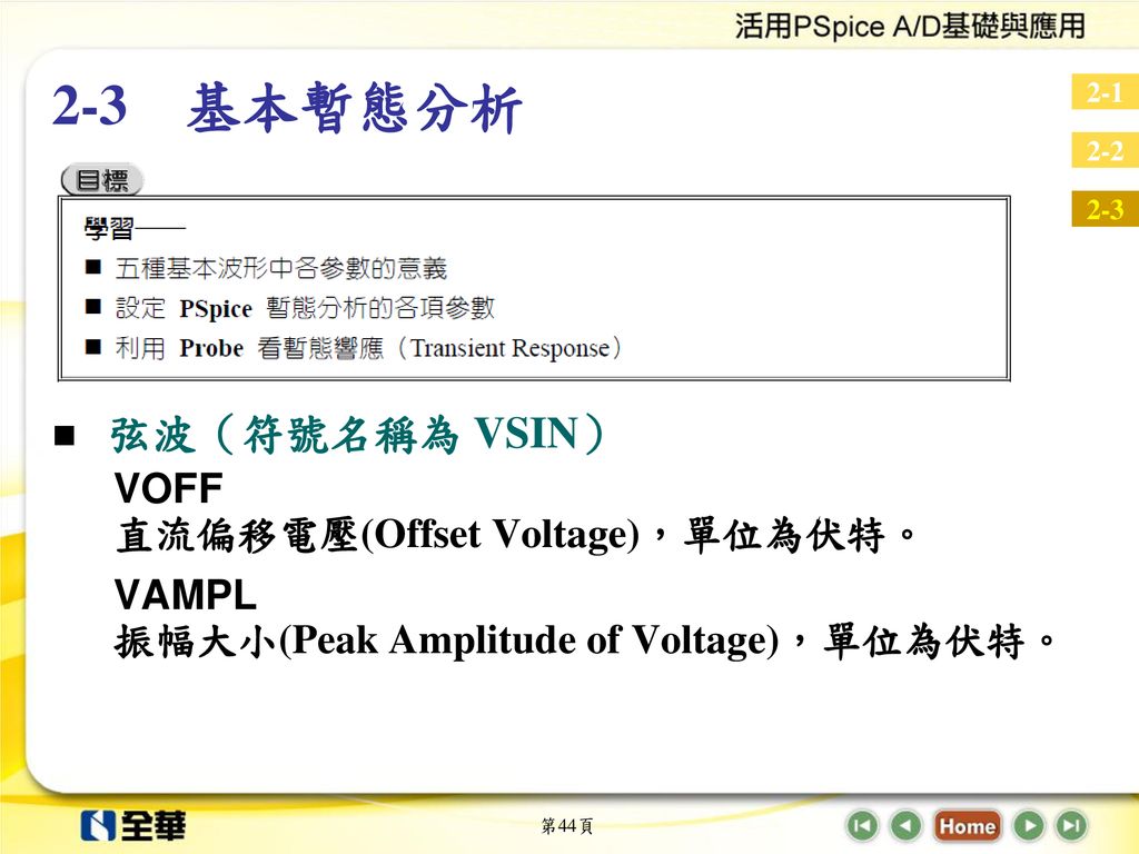 2-3 基本暫態分析 弦波（符號名稱為 VSIN） VOFF 直流偏移電壓(Offset Voltage)，單位為伏特。