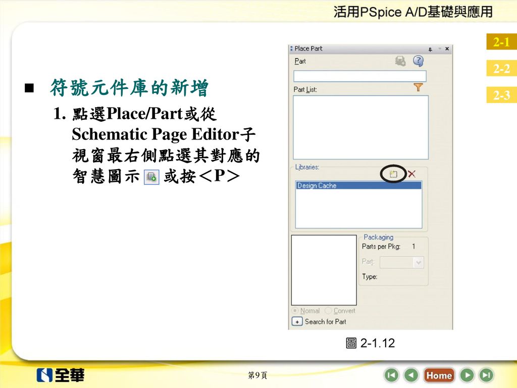 符號元件庫的新增 點選Place/Part或從Schematic Page Editor子視窗最右側點選其對應的智慧圖示 或按＜P＞