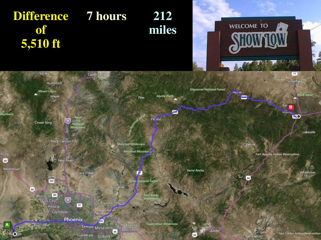 Difference of 5,510 ft 7 hours 212 miles