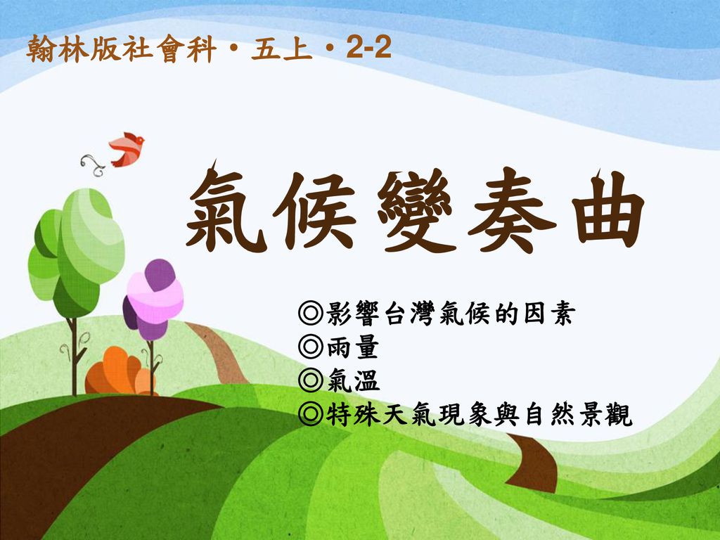 ◎影響台灣氣候的因素 ◎雨量 ◎氣溫 ◎特殊天氣現象與自然景觀