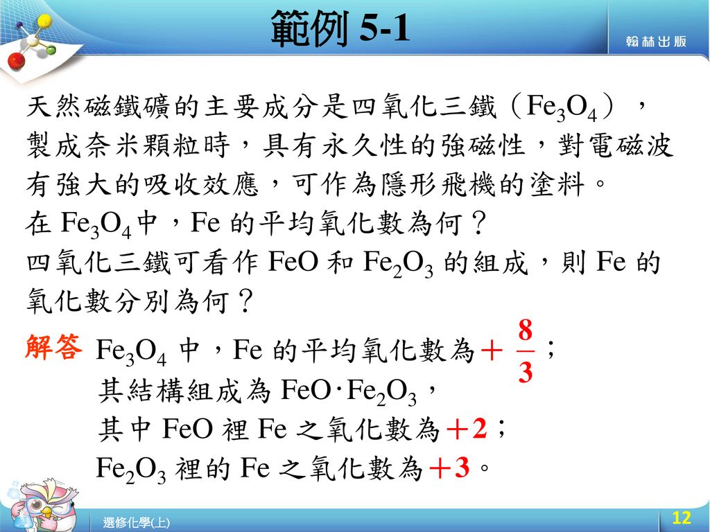 範例 5-1 天然磁鐵礦的主要成分是四氧化三鐵（Fe3O4），製成奈米顆粒時，具有永久性的強磁性，對電磁波有強大的吸收效應，可作為隱形飛機的塗料。 在 Fe3O4中，Fe 的平均氧化數為何？ 四氧化三鐵可看作 FeO 和 Fe2O3 的組成，則 Fe 的氧化數分別為何？