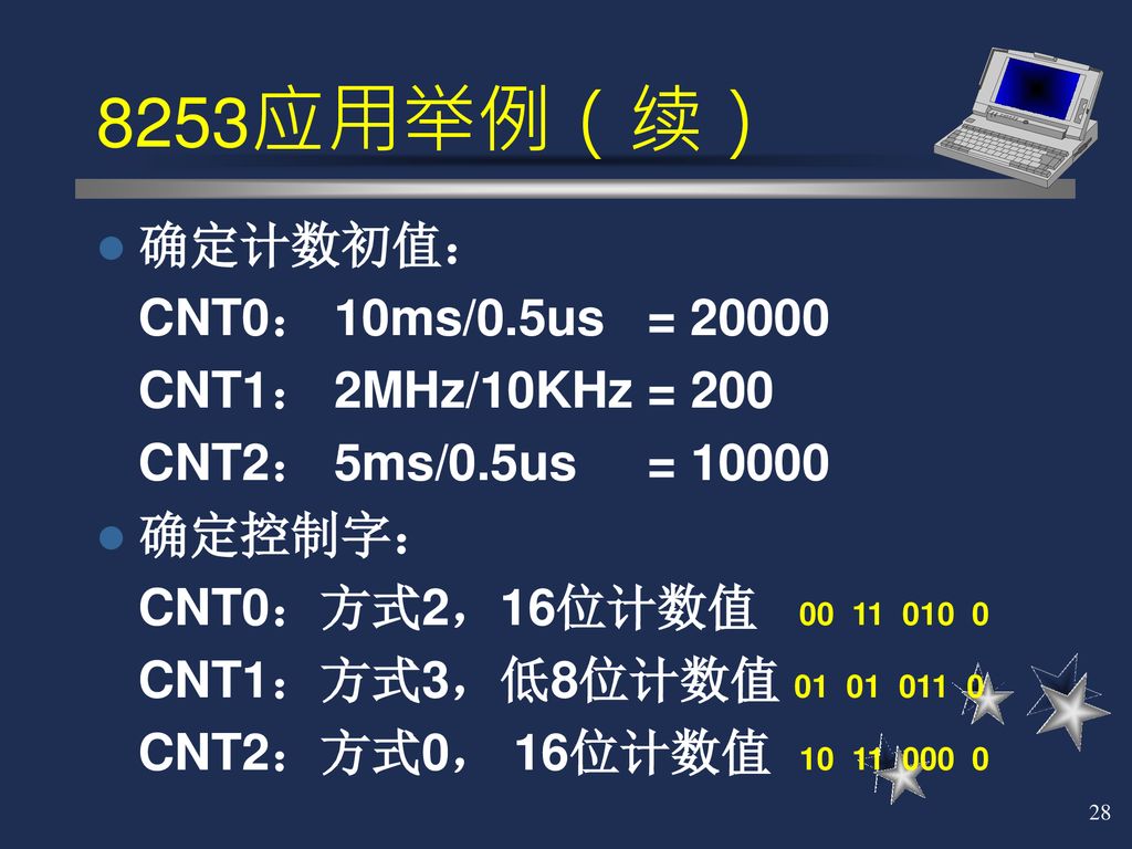 8253应用举例（续） 确定计数初值： CNT0： 10ms/0.5us = CNT1： 2MHz/10KHz = 200