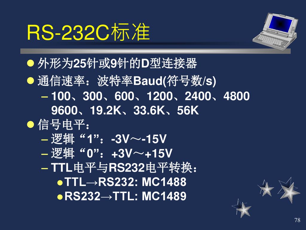 RS-232C标准 外形为25针或9针的D型连接器 通信速率：波特率Baud(符号数/s)