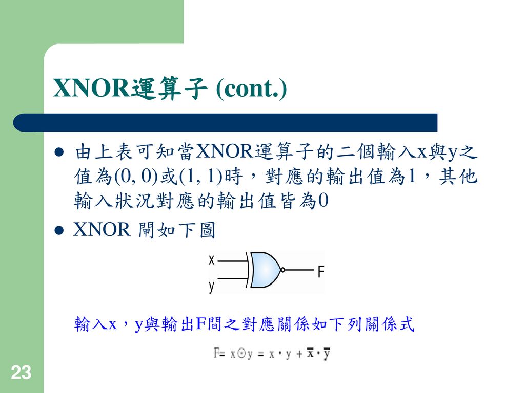 XNOR運算子 (cont.) 由上表可知當XNOR運算子的二個輸入x與y之值為(0, 0)或(1, 1)時，對應的輸出值為1，其他輸入狀況對應的輸出值皆為0.