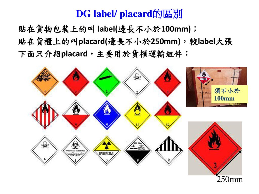 DG label/ placard的區別 貼在貨物包裝上的叫 label(邊長不小於100mm)；