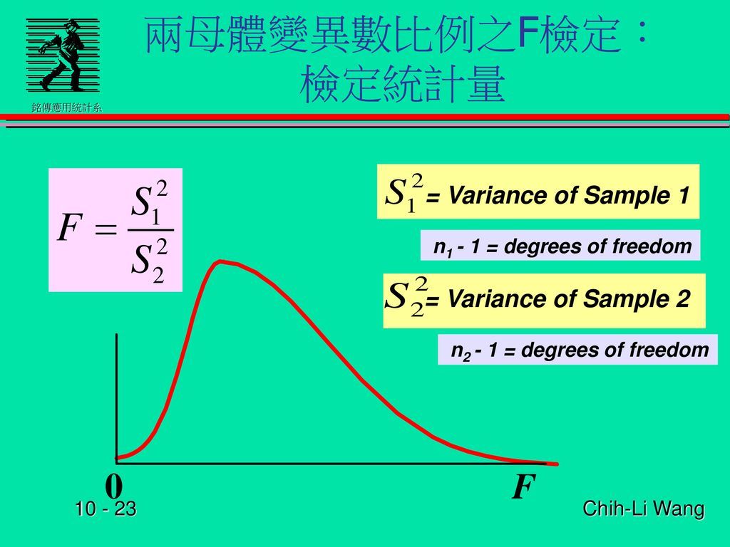 兩母體變異數比例之F檢定： 檢定統計量 F = Variance of Sample 1 = Variance of Sample 2