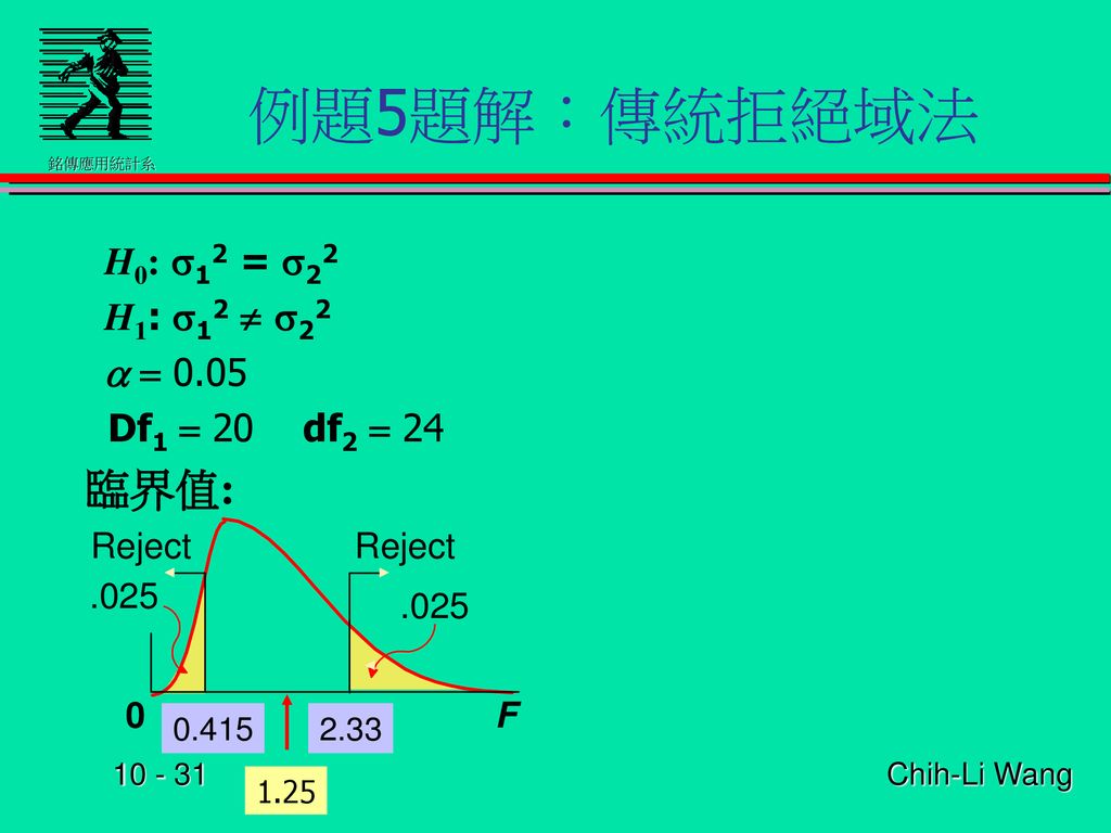 例題5題解：傳統拒絕域法 臨界值: H0: s12 = s22 H1: s12 ¹ s22  = 0.05