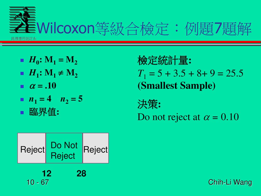 Wilcoxon等級合檢定：例題7題解 檢定統計量: