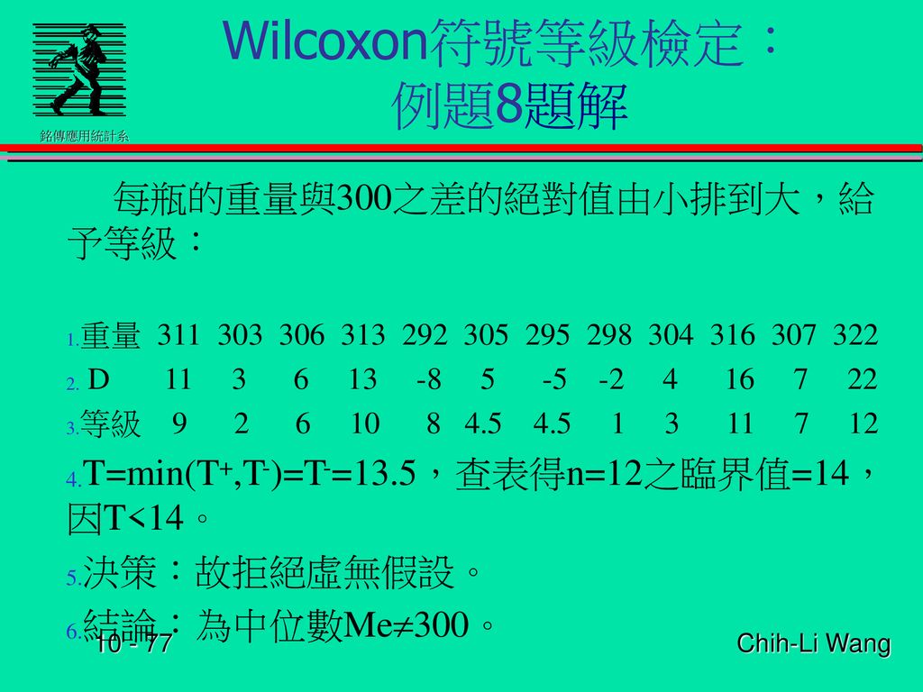 Wilcoxon符號等級檢定： 例題8題解 每瓶的重量與300之差的絕對值由小排到大，給予等級：