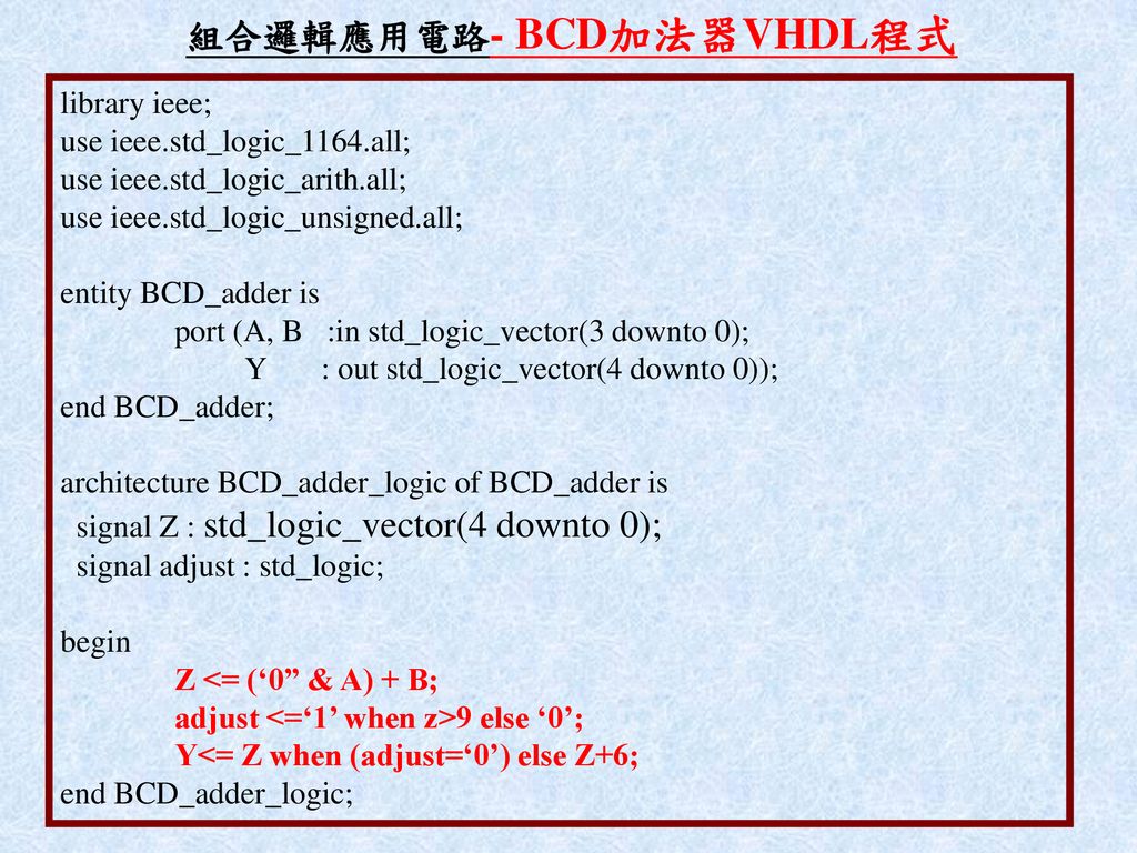 組合邏輯應用電路- BCD加法器VHDL程式