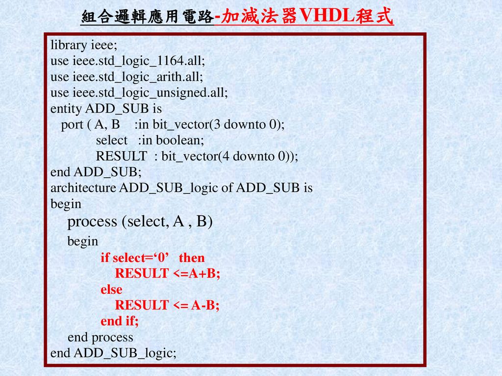 組合邏輯應用電路-加減法器VHDL程式 process (select, A , B) library ieee;