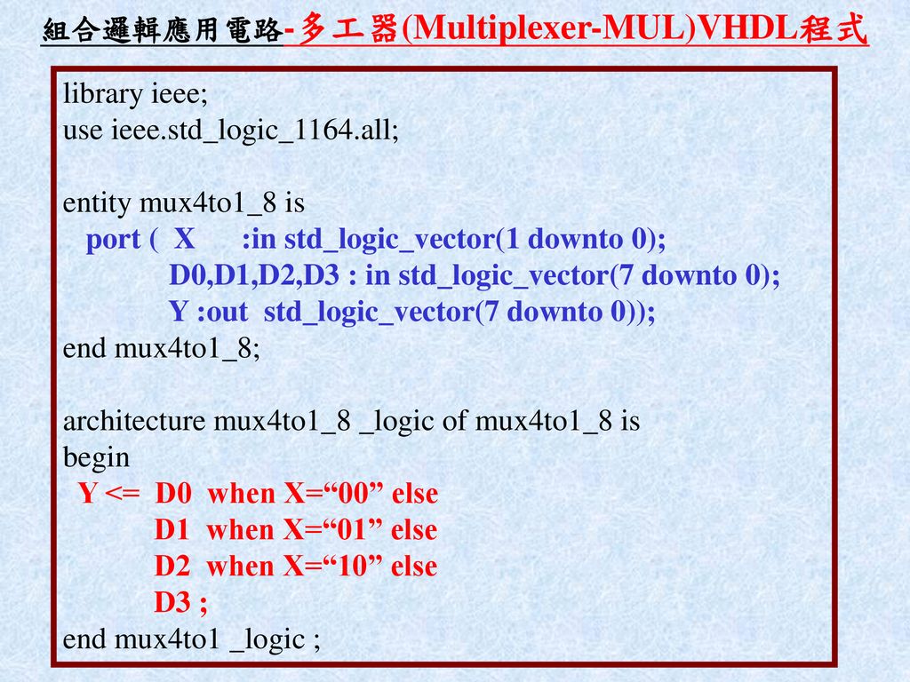 組合邏輯應用電路-多工器(Multiplexer-MUL)VHDL程式
