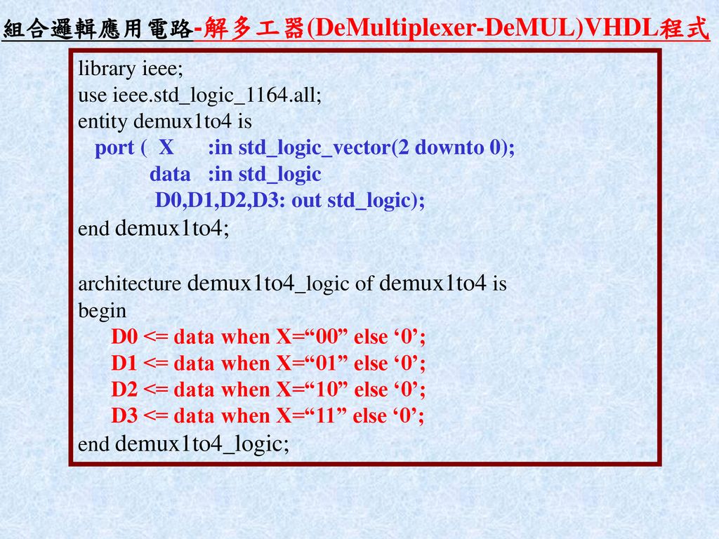 組合邏輯應用電路-解多工器(DeMultiplexer-DeMUL)VHDL程式