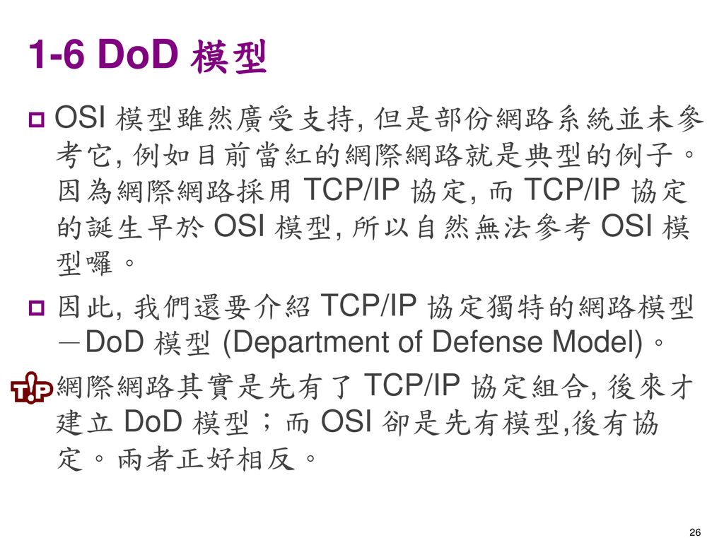 1-6 DoD 模型 OSI 模型雖然廣受支持, 但是部份網路系統並未參考它, 例如目前當紅的網際網路就是典型的例子。因為網際網路採用 TCP/IP 協定, 而 TCP/IP 協定的誕生早於 OSI 模型, 所以自然無法參考 OSI 模型囉。