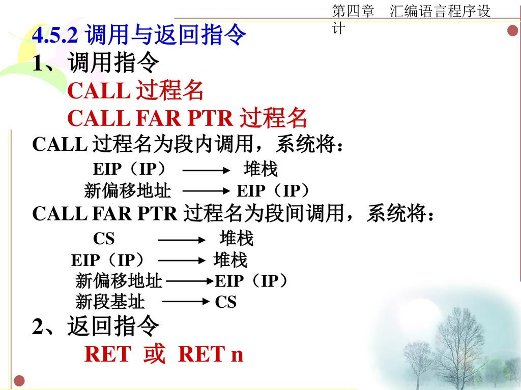 4.5.2 调用与返回指令 1、调用指令 CALL 过程名 CALL FAR PTR 过程名 2、返回指令 RET 或 RET n