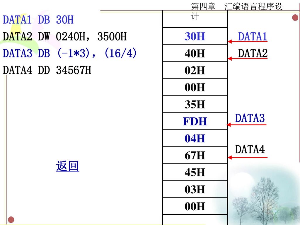 DATA1 DB 30H DATA2 DW 0240H，3500H DATA1 DATA3 DB (-1*3)，(16/4) DATA2