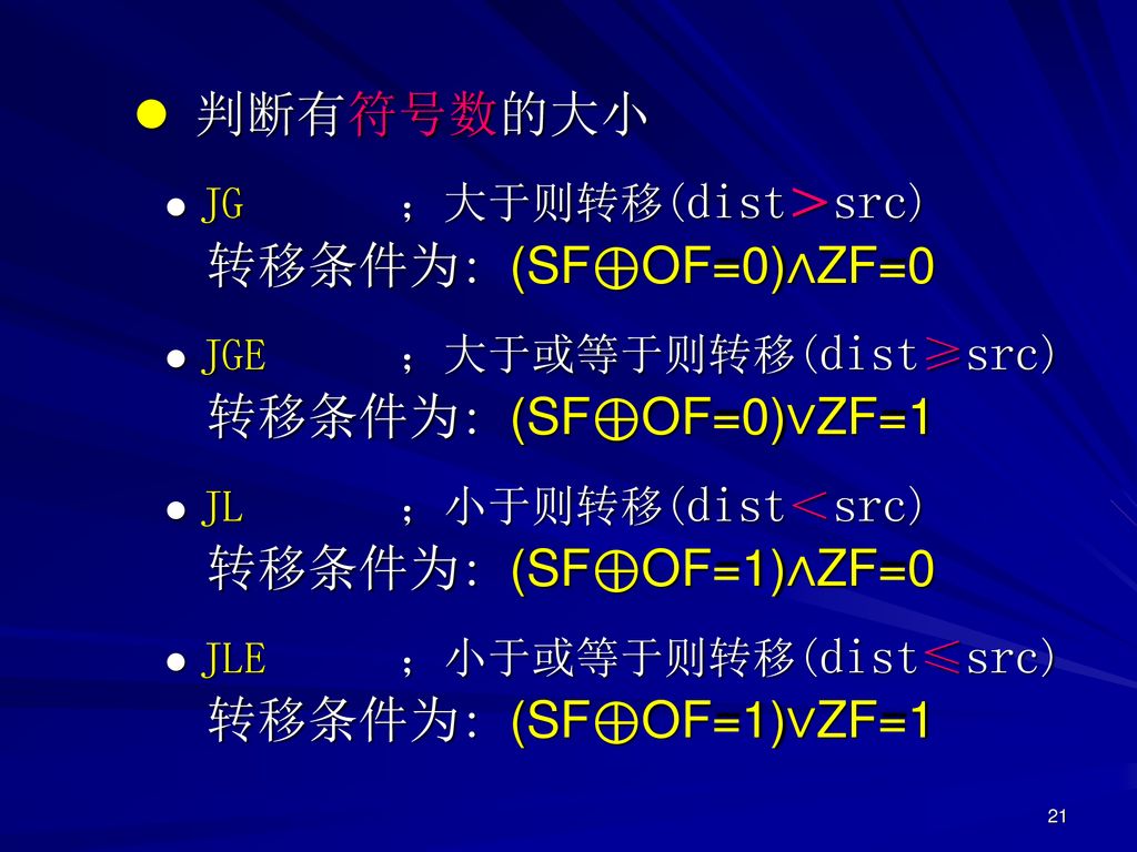 判断有符号数的大小 转移条件为: (SF⊕OF=0)∧ZF=0 转移条件为: (SF⊕OF=0)∨ZF=1