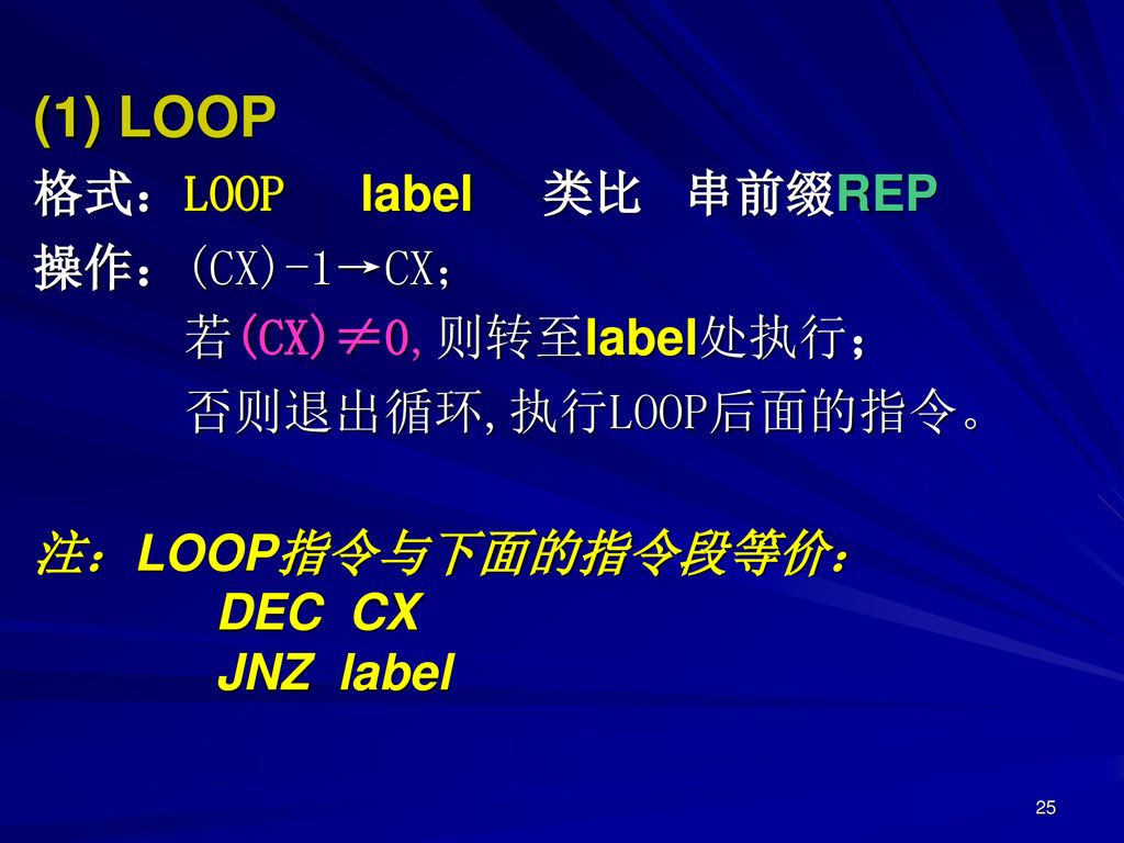(1) LOOP 格式：LOOP label 类比 串前缀REP 操作：(CX)-1→CX； 若(CX)≠0,则转至label处执行；